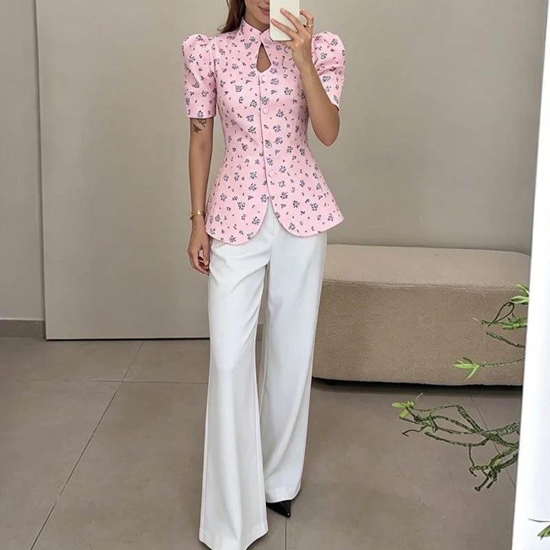 Women's Pink Floral Print Puff Sleeve Button-Down Peplum Top – Round Neck with Keyhole Cutout