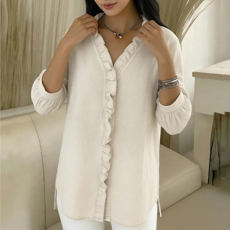 Women's V-Neck Ruffle Trim Button-Down Blouse – 3/4 Sleeve Relaxed Fit Denim Style Top