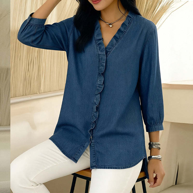 Women's V-Neck Ruffle Trim Button-Down Blouse – 3/4 Sleeve Relaxed Fit Denim Style Top