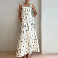 Women's Square Neck Sleeveless Maxi Dress - Vintage Art Print, Side Pockets & A-Line Silhouette