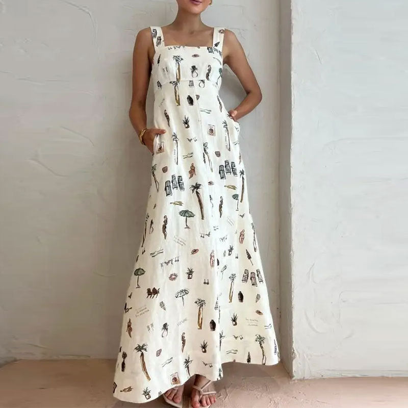 Women's Square Neck Sleeveless Maxi Dress - Vintage Art Print, Side Pockets & A-Line Silhouette