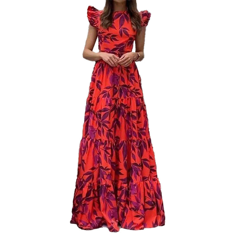 Women's Floral Leaf Print Tiered Maxi Dress - Ruffle Sleeve High Neck & A-Line Silhouette