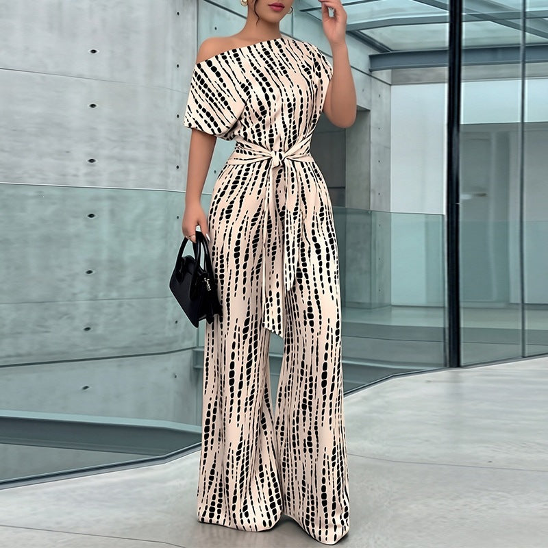 Women's Asymmetric One-Shoulder Wide Leg Jumpsuit – Striped Droplet Print Tie-Waist Outfit